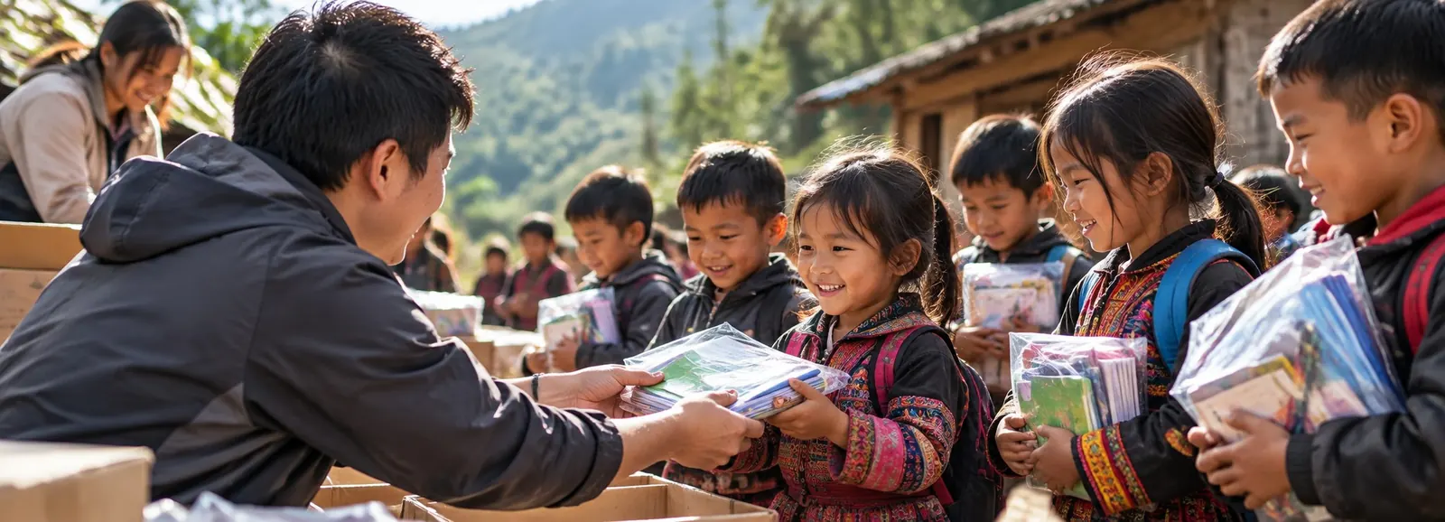 Tình nguyện viên trao quà học tập tận tay các em vùng cao