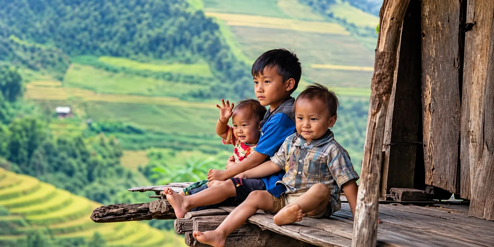 Trẻ em vùng cao nhìn ra thung lũng từ hiên nhà