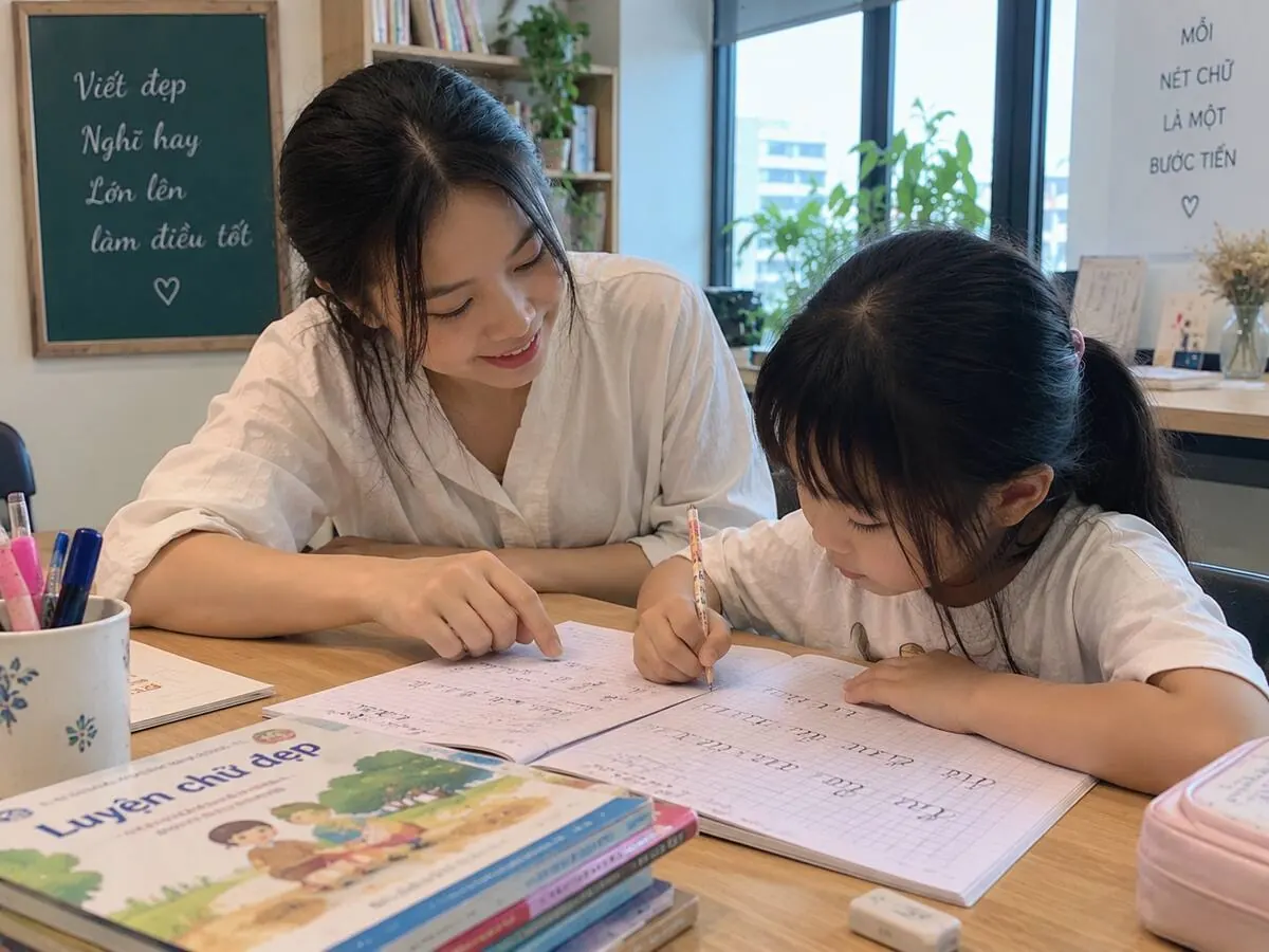 Cô giáo hướng dẫn học sinh luyện chữ đẹp